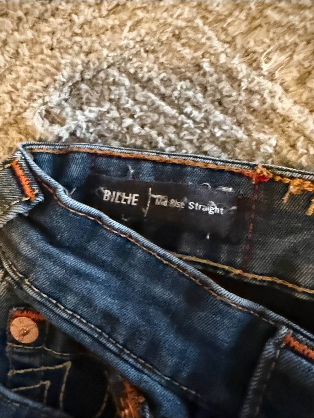 True Religion Blue Denim Jeans with Yellow Stitching and Orange Accents - Picture 3 of 7